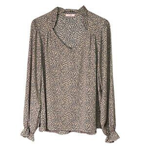 P.S. Love Leopard Print Ruffle Trim Blouse Beige Black Size Large